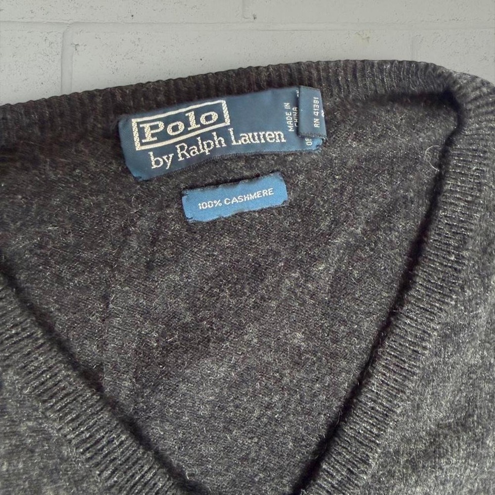 Polo Ralph Lauren Vintage 100% Cashmere V-Neck Sweater Charcoal Grey XL